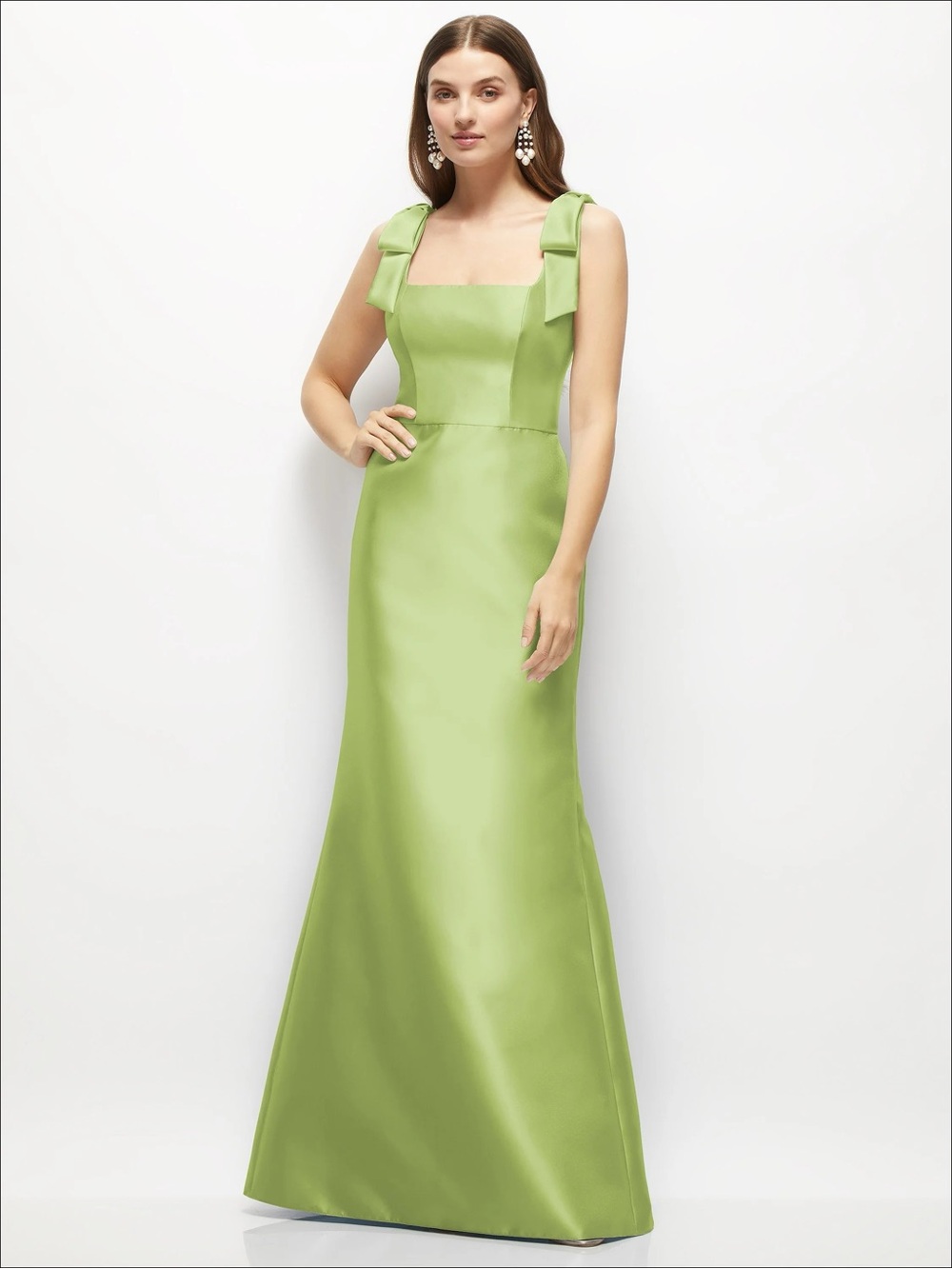 ALFRED SUNG MOJITO Lime Green Bow Strap Satin Gown